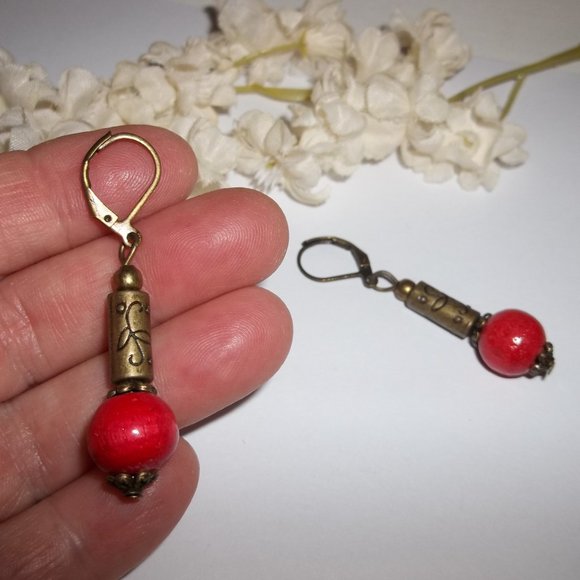 Boho Earrings Red & Bronze Bohemian Style Handmade Jewelry Accessory NWT 6467 - Picture 7 of 10